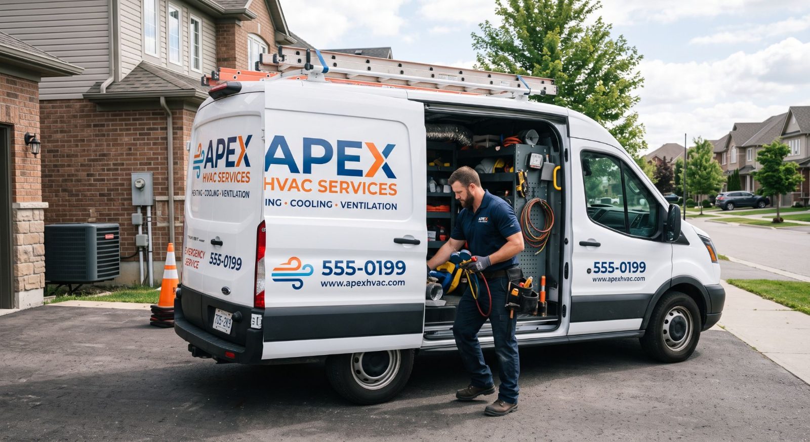HVAC technician loading gauges and equipment from a fitted-out service van outside a home HVAC technician loading gauges and equipment from a fitted-out service van outside a home