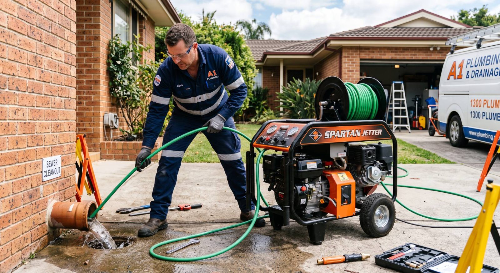 Plumber using a petrol hydro-jetter to clear a sewer cleanout, with a plumbing and drainage van in the driveway Plumber using a petrol hydro-jetter to clear a sewer cleanout, with a plumbing and drainage van in the driveway