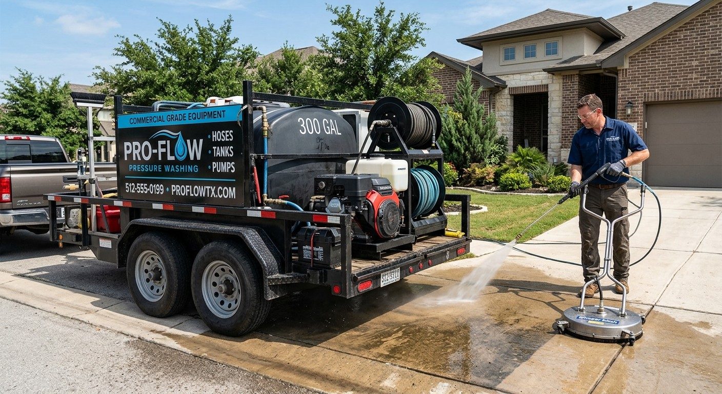 Pressure washing technician using a surface cleaner powered by a trailer rig with engine, pump and 300 gallon water tank Pressure washing technician using a surface cleaner powered by a trailer rig with engine, pump and 300 gallon water tank
