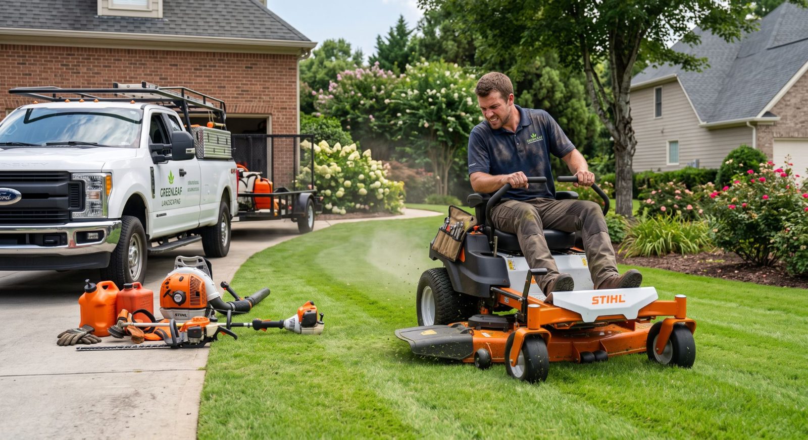 Landscaper mowing a lawn on a zero-turn mower, with a work truck, trailer, leaf blower, trimmer and hedge trimmer on the driveway Landscaper mowing a lawn on a zero-turn mower, with a work truck, trailer, leaf blower, trimmer and hedge trimmer on the driveway